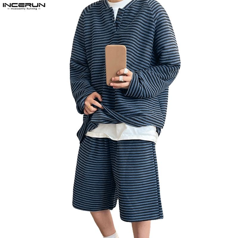 ชุดลำลองแขนยาวสไตล์เกาหลี ลายทาง ขากว้าง สำหรับผู้ชาย