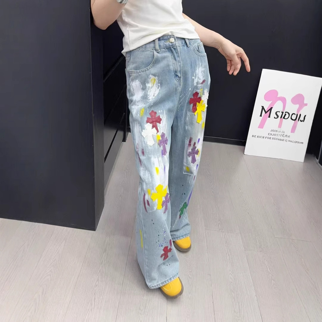 Ch5ss ฤดูใบไม้ผลิฤดูร้อนสไตล์ใหม่ Heavy Industry Splash Ink กางเกงยีนส์หนังแฟชั่น All-Match Punk สไต