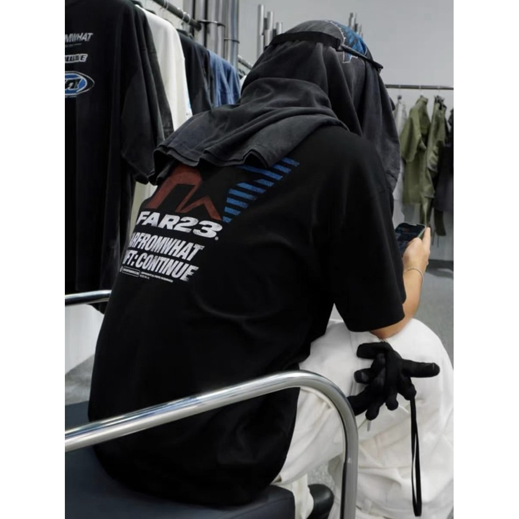 New Far Five-pointed Star Print Racing Style vibe Washed distressed loose casual gray short sleeve T