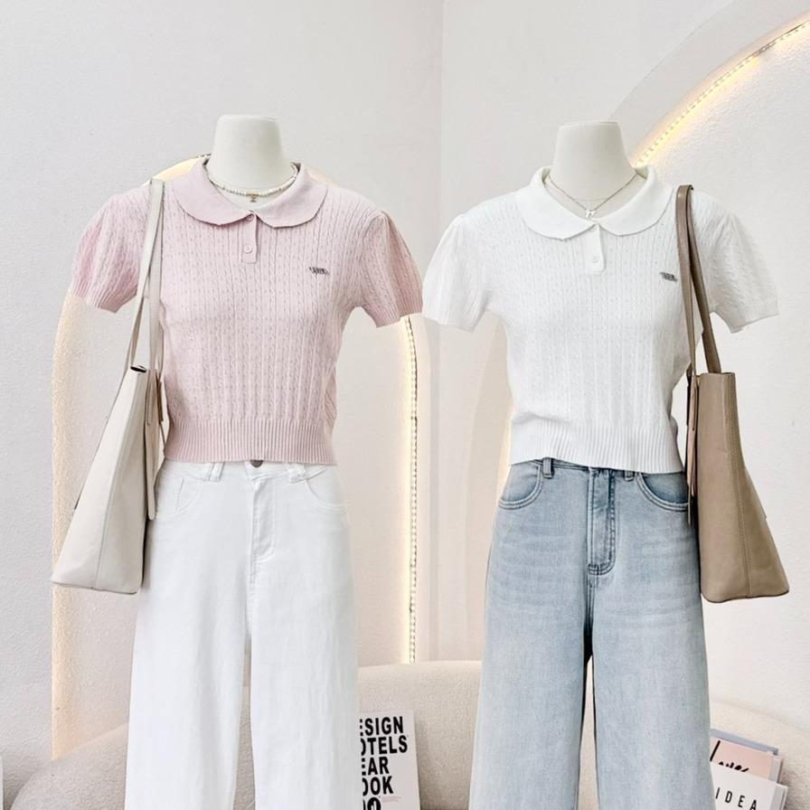 KN.Clothes เสื้อโปโลไหมพรม แขนสั้น ผ้าลายเปียแต่งฉลุ WY