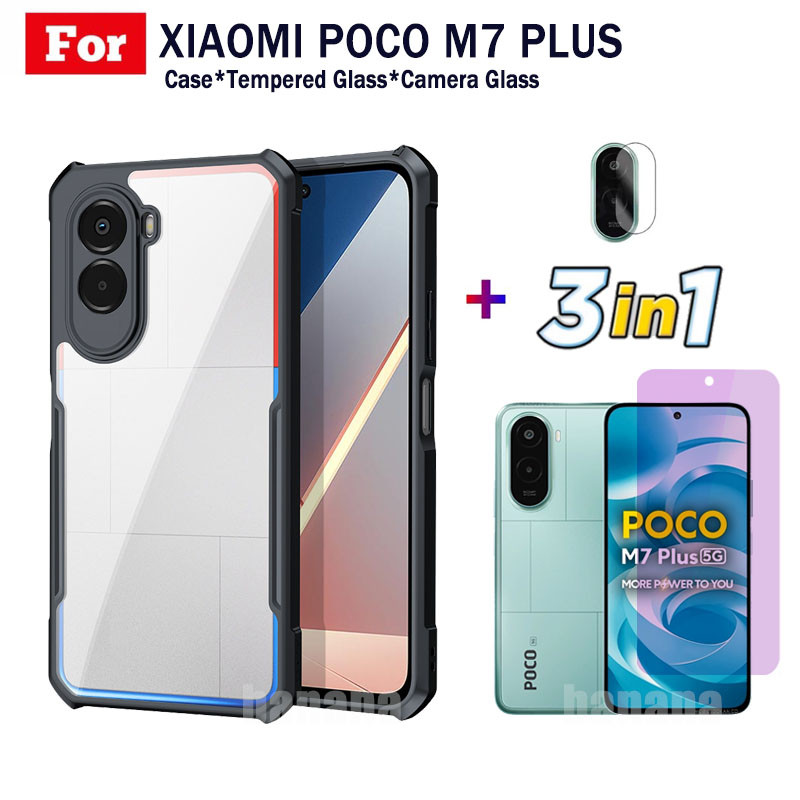 3 in 1 Poco M7 Plus เคสโทรศัพท์กันกระแทกสําหรับ Poco M7 4G M7 5G กระจกนิรภัยป้องกันหน้าจอและฟิล์มเลน