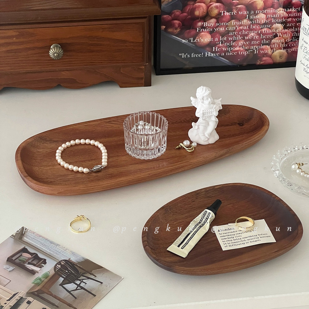 Retro Walnut Desktop Storage ถาด Entrance Key ถาด ins ไม่สม่ําเสมอเครื่องประดับไม้เนื้อแข็งถาดแสดง