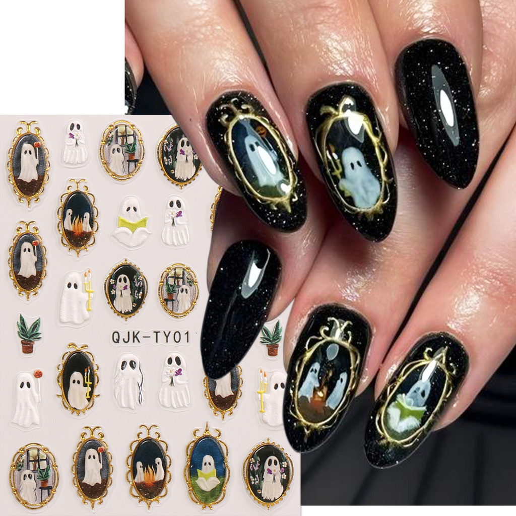 HAMA NAIL 5D นูนเล็บสติกเกอร์ขายส่งน่ารักการ์ตูนฮาโลวีนประณีต Little Ghost ฟักทองภาษาฝรั่งเศสคําตกแต่งเล็บทองนูนสติกเกอร์น้ํามัน Decals Holiday เล็บ - รูปที่ 2
