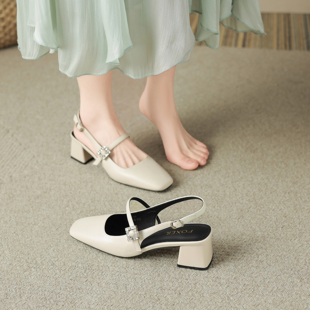 FOXER รองเท้าแมรี่เจนแบบแฟชั่น อเนกประสงค์ สบายและนุ่ม ส้นสี่เหลี่ยม น้ำหนักเบา รองเท้ามีส้นผู้หญิง