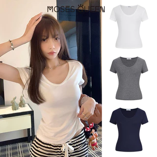 MOSESQUEEN เสื้อถักแขนสั้น ลายเส้นเรียบหรูสำหรับผู้หญิง ใส่ได้ทุกวัน #63359