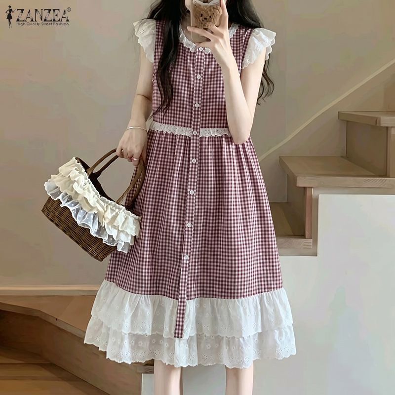 ZANZEA ชุดเดรสคอกลมลําลองสไตล์เกาหลีของผู้หญิง Ruffles Patchwork Checkered Dress — صورة 4