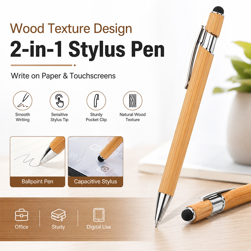 2-in-1 ปากกาสไตลัสแบบปุ่มกดลายไม้ สำหรับหน้าจอสัมผัส แท็บเล็ต โทรศัพท์ ใช้งานได้ทั่วไป