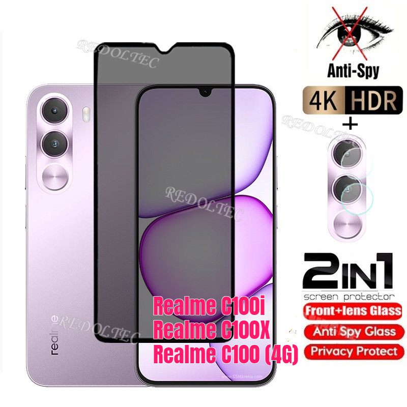 Realme C100i C100X C100 4G Ultra กระจกนิรภัยส่วนตัว Anti-Spy คลุมทั้งหมดกาวป้องกันหน้าจอ Anti Peek 2in1 ฟิล์มความเป็นส่วนตัว + ตัวป้องกันเลนส์ Realme C100X C100 i