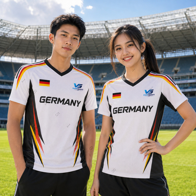เสื้อฟุตบอลสไตล์รถถังเยอรมัน คอวีแขนสั้น เสื้อทีมชายหญิง ใส่เล่นกีฬา ซ้อมบอล แข่งบอล แห้งไว ใส่สบาย