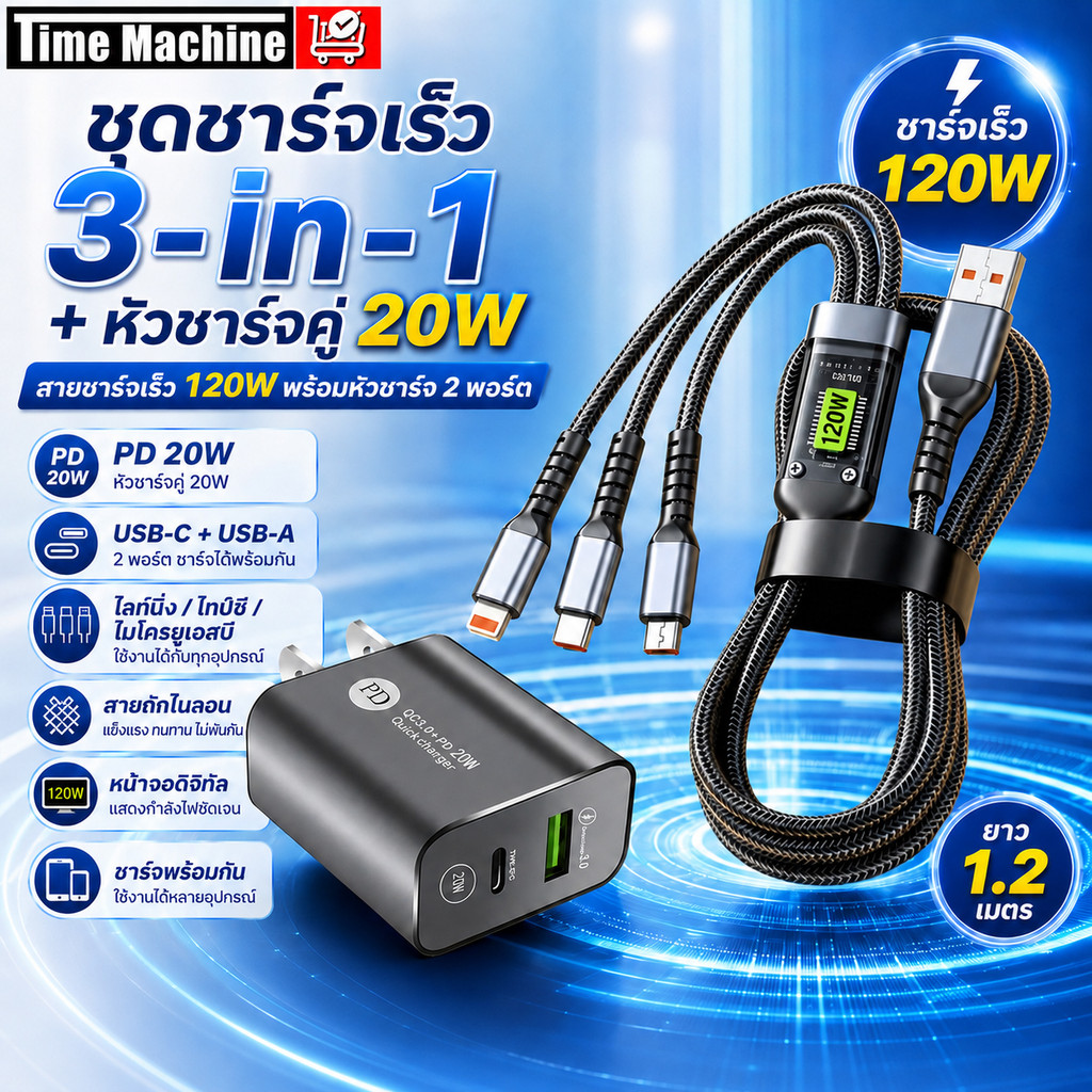 120W สายชาร์จเร็ว 3 in 1 6A สายชาร์จ 3 หัว USB To Type-C Micro iOS สายถักไนล่อน พร้อมหัวชาร์จ Type-C/USB มือถือ