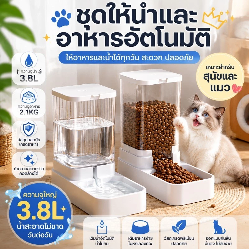 ตัวป้อนสัตว์เลี้ยงอัตโนมัติ น้ำพุแมว ชามสุนัข ให้อาหารหม้อป้อนน้ำ วัสดุ PP ทำความสะอาดง่าย