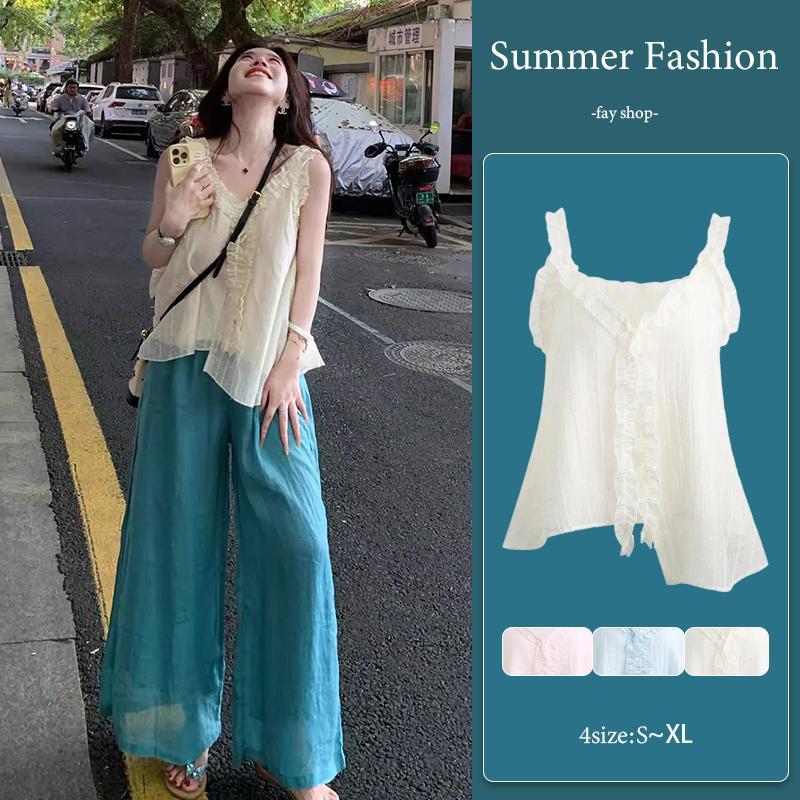 แฟชั่นซัมเมอร์มาใหม่ เสื้อกล้ามคอวีระบายขอบ สวยหรูน่ารัก ผ้านุ่มใส่สบาย สีหวาน แมทช์ง่าย-พร้อมส่งจากกรุงเทพฯ-รุ่น99412