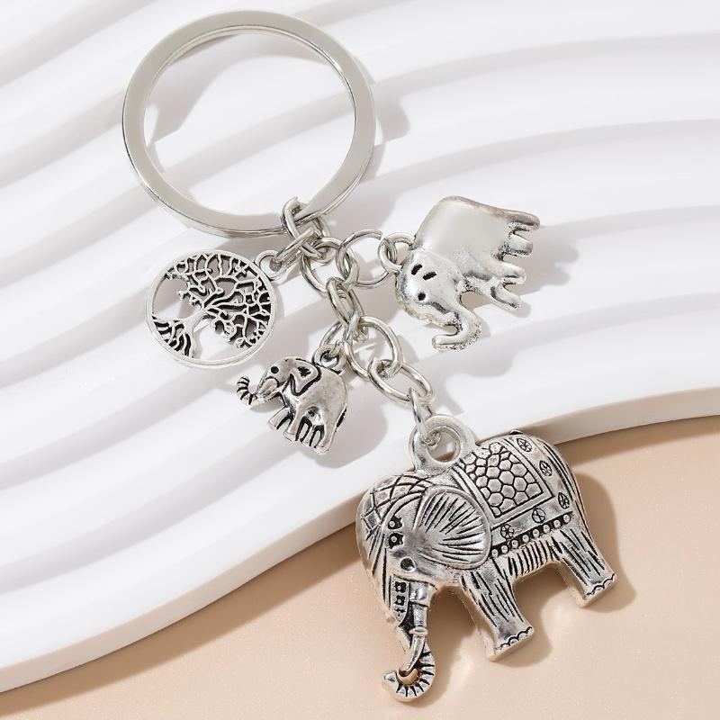 Handmade Elephant & Tree จี้พวงกุญแจชุดเครื่องประดับของขวัญวันเกิดสไตล์คลาสสิกสําหรับผู้ชายผู้หญิง 1 ชิ้นโลหะผสมสังกะสีพวงกุญแจ