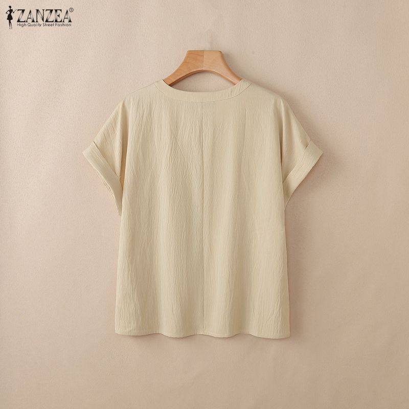 ZANZEA ผู้หญิงเกาหลี Retro Cottagecore V คอแขนสั้นออกแบบกระเป๋าดอกทานตะวันพิมพ์เสื้อยืดหลวม — صورة 8