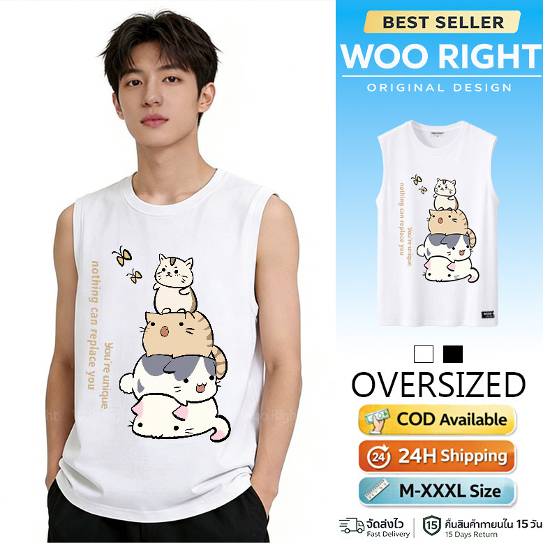 COD จัดส่งตลอด 24 ชั่วโมง Woo Right 200gเสื้อกล้ามผู้ชาย Oversize พิมพ์ข้อความ Nothing Can Replace Y