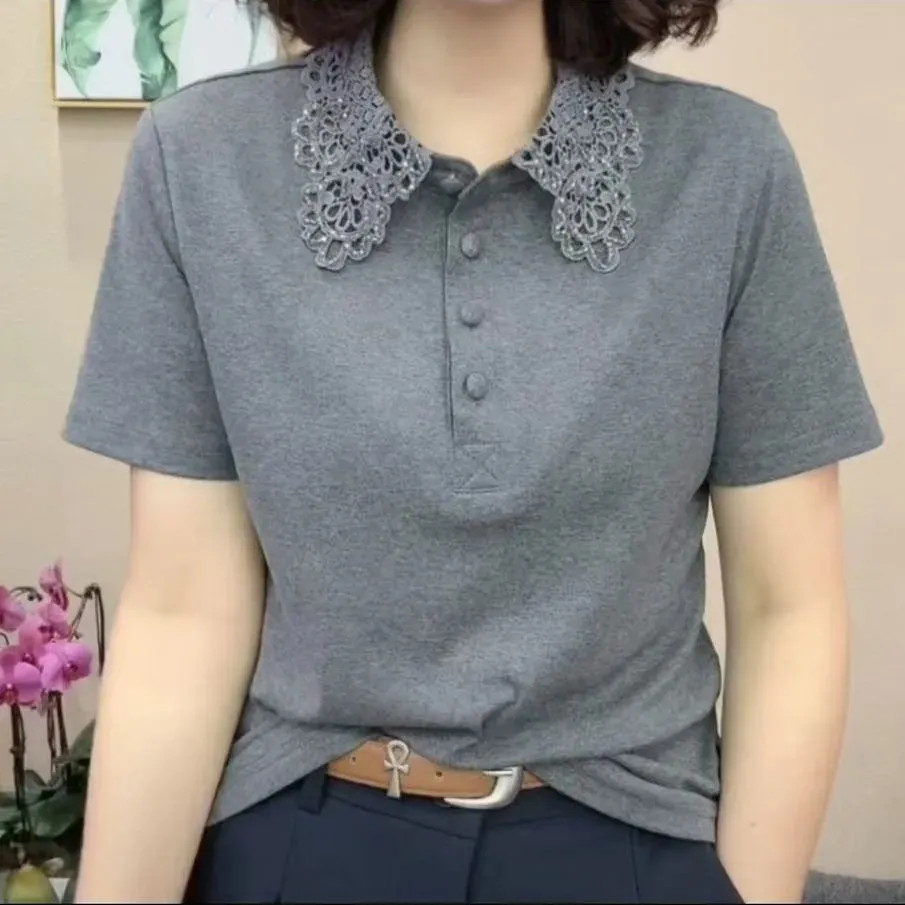 ส่งไวจากไทยBreezeM-4XL         ฤดูร้อนแขนสั้นเสื้อยืดลูกไม้ใหม่บวกขนาดเกาหลีหลวมสั้นสุภาพสตรีฤดูร้อนด้านบนปก