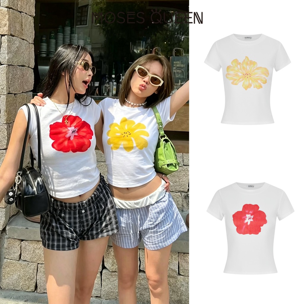 MOSESQUEEN เสื้อยืดแขนสั้นสาวฮอตสไตล์อเมริกันสําหรับผู้หญิงดีไซน์อินดี้ดีเทลเล็ก ๆ ดอกไม้อิ่มตัวเสื้อตัวสั้นเข้ารูปและสลิมมิ่ง #63696