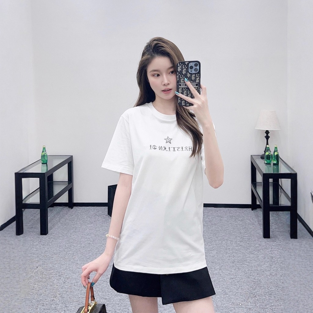 VCU9 DR #Classic ดาวห้าแฉกพิมพ์ตัวอักษรลําลองรอบคอแขนสั้นเสื้อยืดถักด้านบนผู้หญิงผ้าฝ้าย