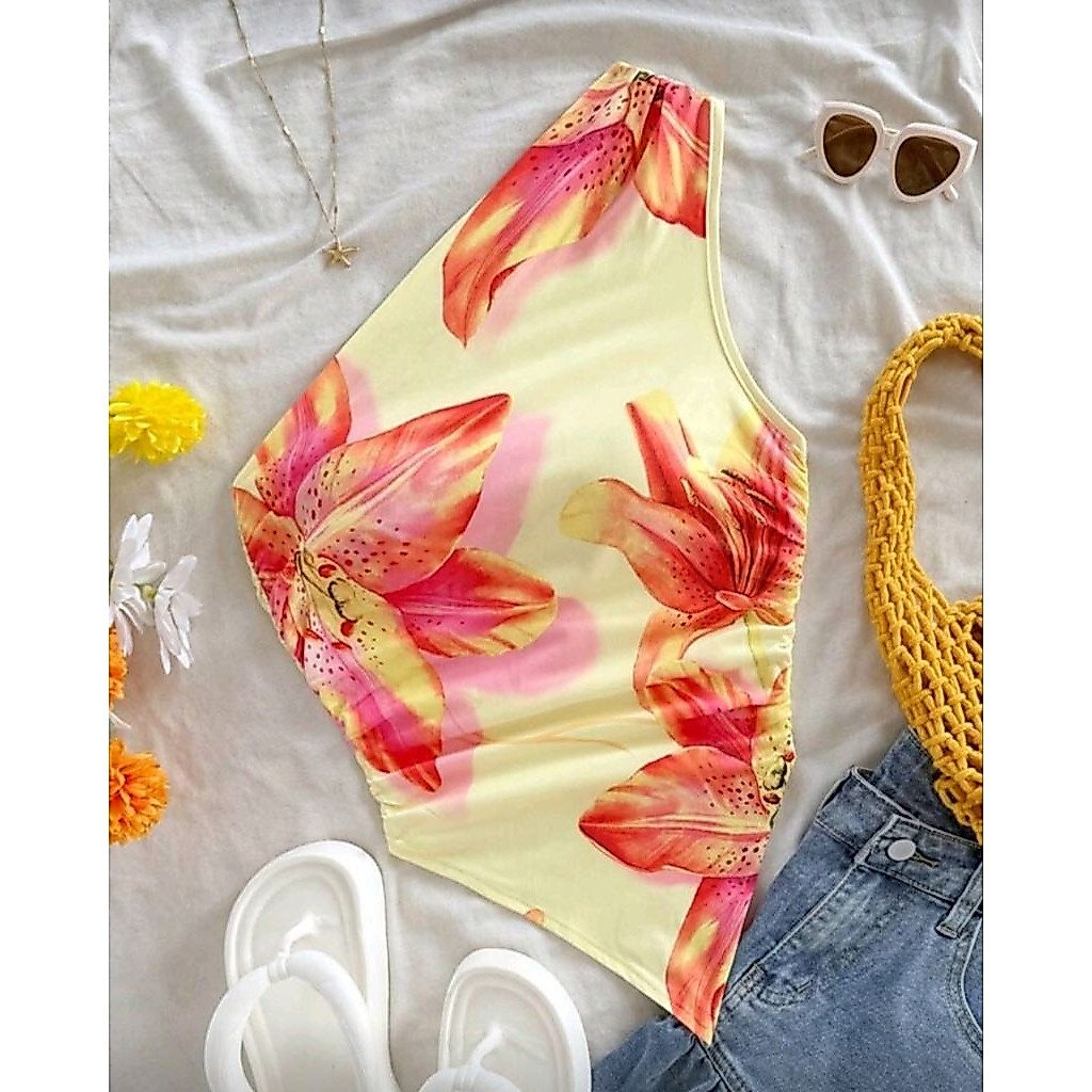 พร้อม​ส่ง​ 🍒🌈​ เสื้อปาด​ไหล่​ พิมพ์​ลาย​ดอกไม้​ รัดรูป​ เซ็กซี่​ เสื้อใส่ไป​ทะเล​ เสื้อ​สงกรานต์​ สีเหลือง​