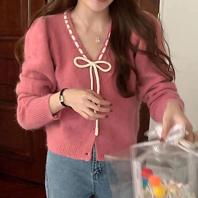 koko#เสื้อกันหนาวผู้หญิง เสื้อคลุมไหมพรมแขนยาว คาร์ดีแกน คอวี ดีเทลดิ้นเชือกผูกโบว์ แฟชั่นเกาหลี าวไม่มีซิป#X024