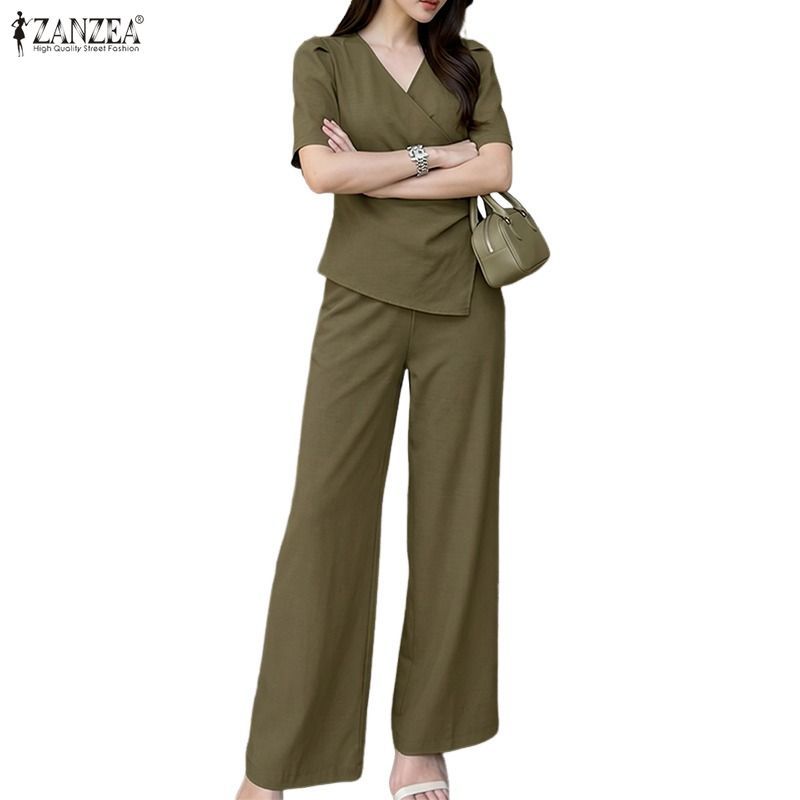 ZANZEA ผู้หญิงสํานักงานธุรกิจเกาหลี OL V คอแขนสั้น Pleats ไม่สม่ําเสมอ Hem ขากว้างชุดสองชิ้น