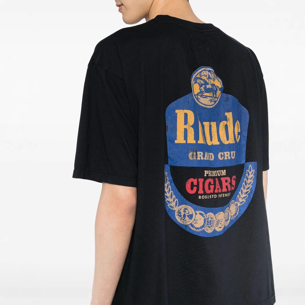 3EQE RHUDE RHUDE การ์ดสโลแกนโลโก้ Street หลวมสบายๆรอบคอคู่แขนสั้นเสื้อยืดผู้ชายฤดูร้อน