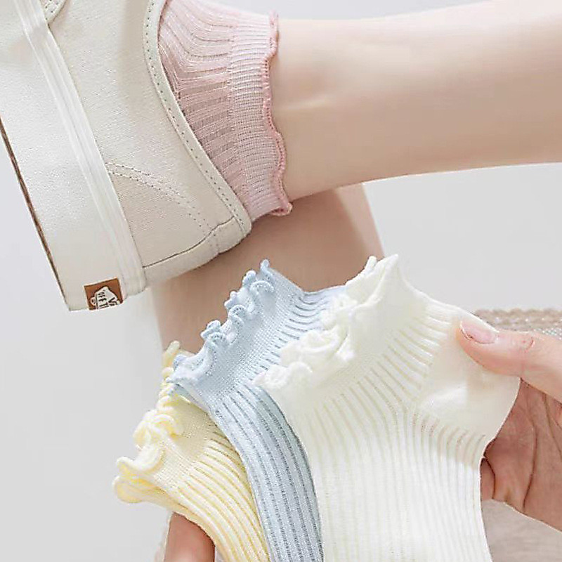 8 สีน่ารักเชื้อราขอบสีทึบลายเส้นแนวตั้งกลวงระบายอากาศบางหลอดสั้นถุงเท้าข้อเท้าผู้หญิง