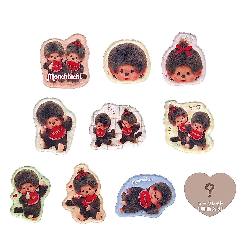 สติ๊กเกอร์อะคริลิก Monchhichi Secret มี 10 ลาย (หยิบสุ่ม) ติดบนเคสสมาร์ทโฟนของคุณ วัสดุ: อะคริลิก