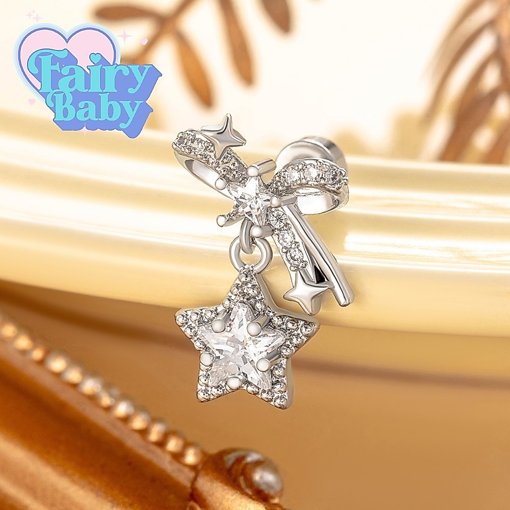 Fairybaby จิว Star Bow ( 1 ชิ้น ) แป้นแบน จิว รูปโบว์ ดาวตุ้งติ้ง สีขาว  น่ารัก สวยงาม มาใหม่ หนา 0.8 ยาว 6 mm (J3-132)