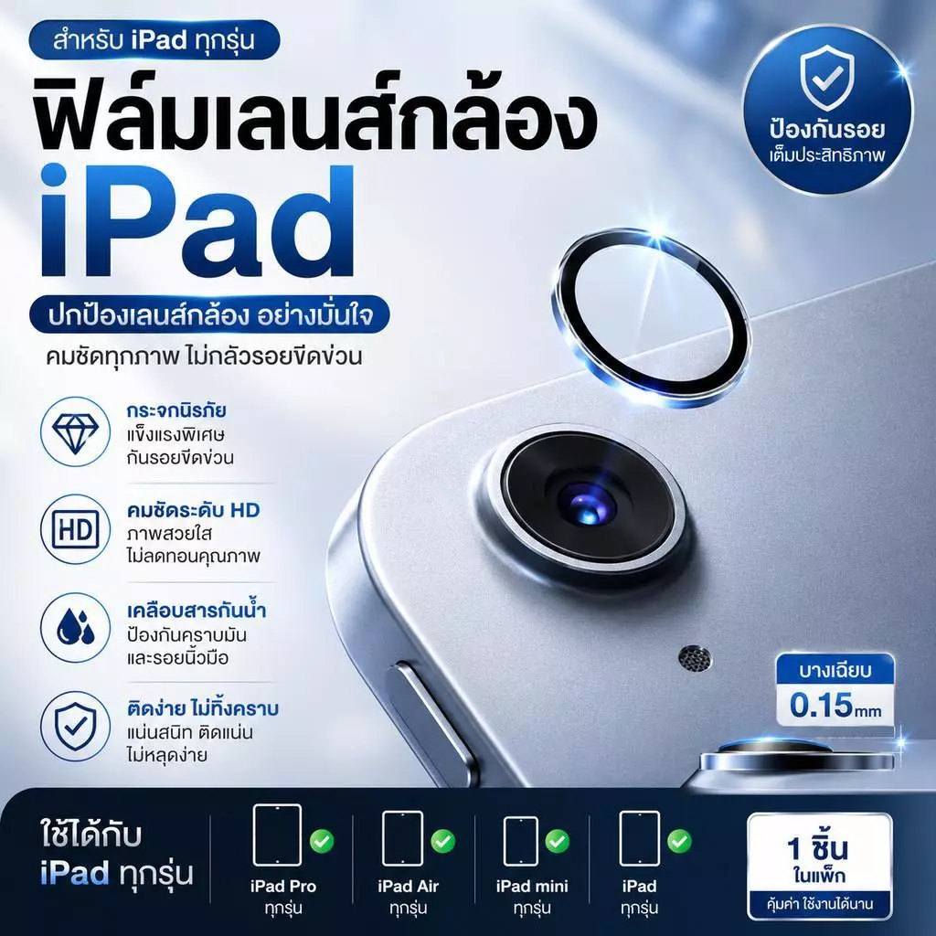 ฟิล์มกระจกกเลนส์กล้อง For iPad Air8 2026 Air M4 /Air7/Air6/Gen11/Gen10/AIR6/AIR5/AIR4 ฟิล์มกันรอยเลนส์กล้องสำหรันipad