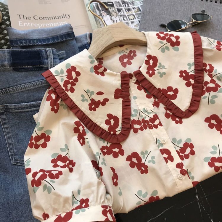 พร้อมส่ง เสื้อแขนพัฟดอกไม้สุดน่ารัก คอปกตุ๊กตา+ขอบเชือกสไตล์หวานLovely Look