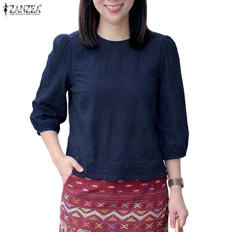 ZANZEA ใส่ ซานเซีย ผู้หญิงเกาหลีที่สง่างามอ่อนโยนลูกเรือคอ3/4แขนโคมไฟเย็บปักถักร้อยลูกไม้ประกบเสื้อ