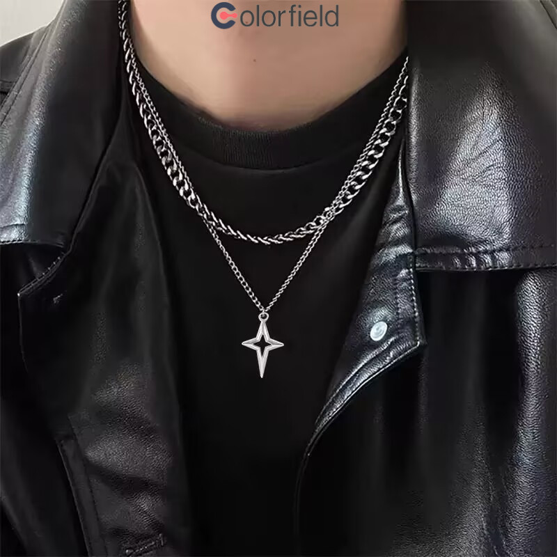 Colorfield สร้อยกางเขน สองชั้น ดาว สไตล์ฮิปฮอปสไตล์พังค์  ย้อนยุคแฟชั่น ปรับได้ ใช้ได้ทั้งผู้ชายและผู้หญิง-COD