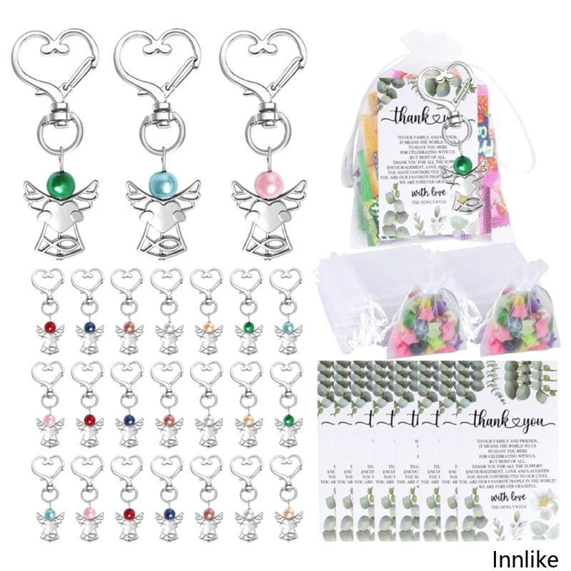 INN 24 ชิ้น Silver Heart Angel พวงกุญแจสําหรับโครงการ DIY สร้างสรรค์สําหรับพิธี