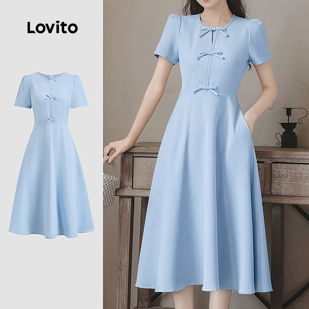 Lovito ชุดเดรสเรียบหรูผูกโบว์ด้านหน้า เดรสฤดูร้อน/ฤดูใบไม้ผลิสำหรับผู้หญิง L132ED401