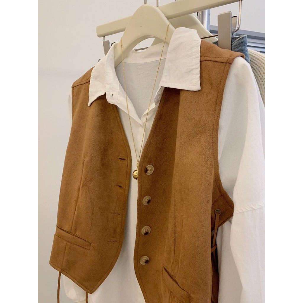 [LININ] Merad Suede Vest Jacket Women Casual Short v-Neck Vest Jacket