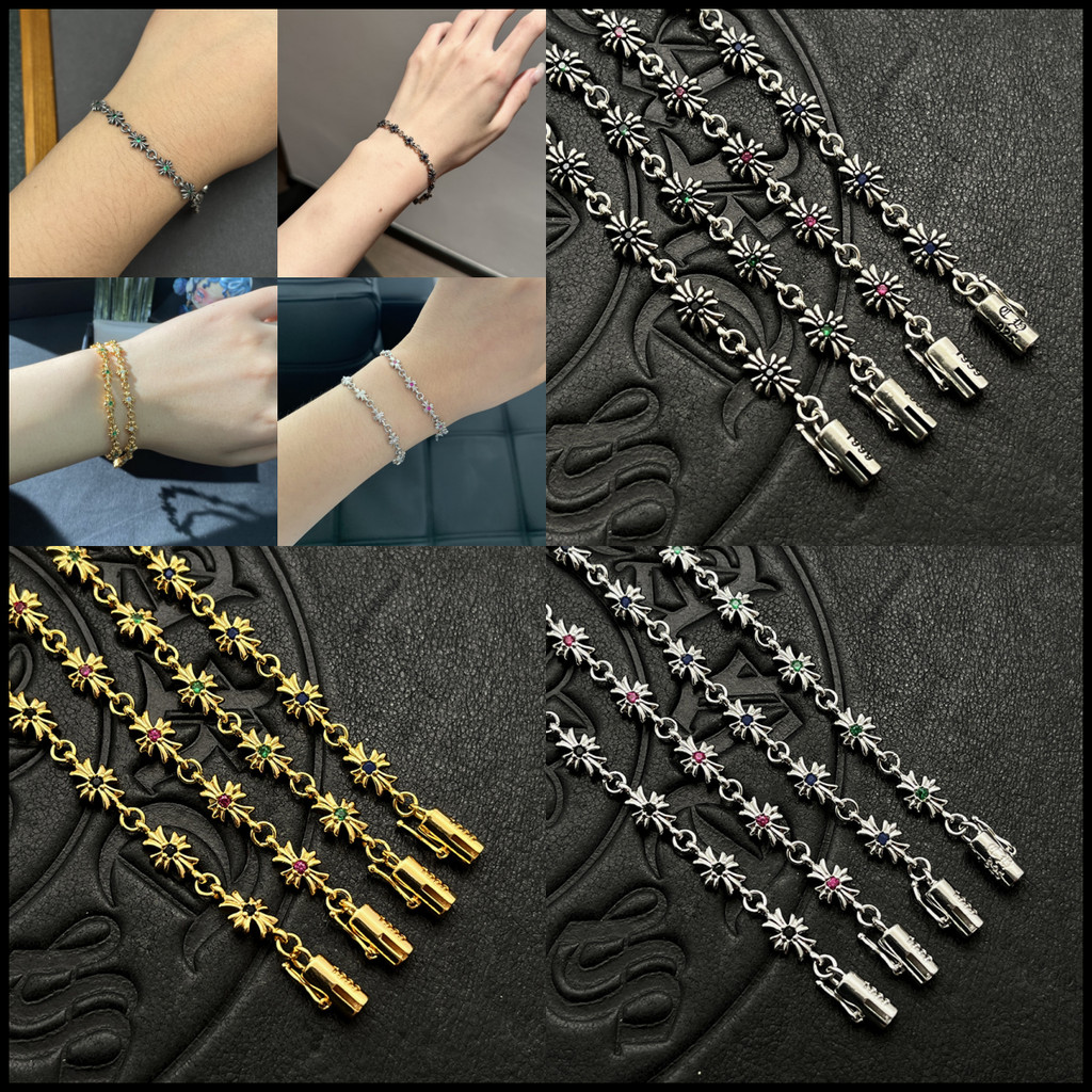 เงิน 925 ชุบ 22K Gold Diamond Studded Fine Cross สร้อยข้อมือดอกไม้, ผู้ชาย Retro Punk Gothic Rock อุปกรณ์เสริม, Street Hip-Hop คู่เครื่องประดับ,ของขวัญวันวาเลนไทน์ CS002X