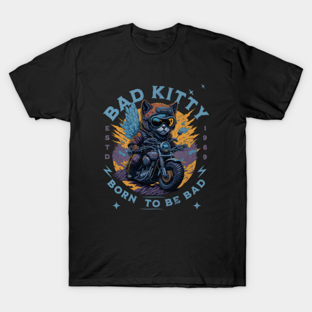 เสื้อยืด Vintage BAD KITTY: BORN TO BE BAD - Cat on motorcyle vintage design T-Shirt แท้ Cotton