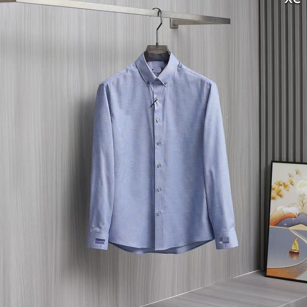 2EL7 Zegna 2025Shirt Black Label Wool Blend Thickened Casual Shirt Dyed Blue Checkered Shirt