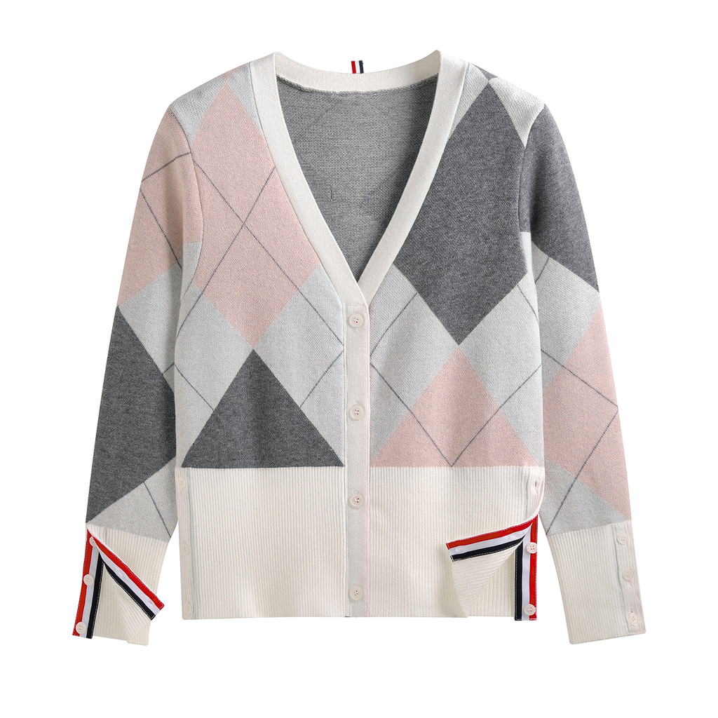 ฤดูใบไม้ร่วง Preppy สไตล์ Contrast สีเพชรตรวจสอบรูปแบบ v คอยาวแขนยาวถักเสื้อสเวตเตอร์ถักผู้หญิง All-Match Sw