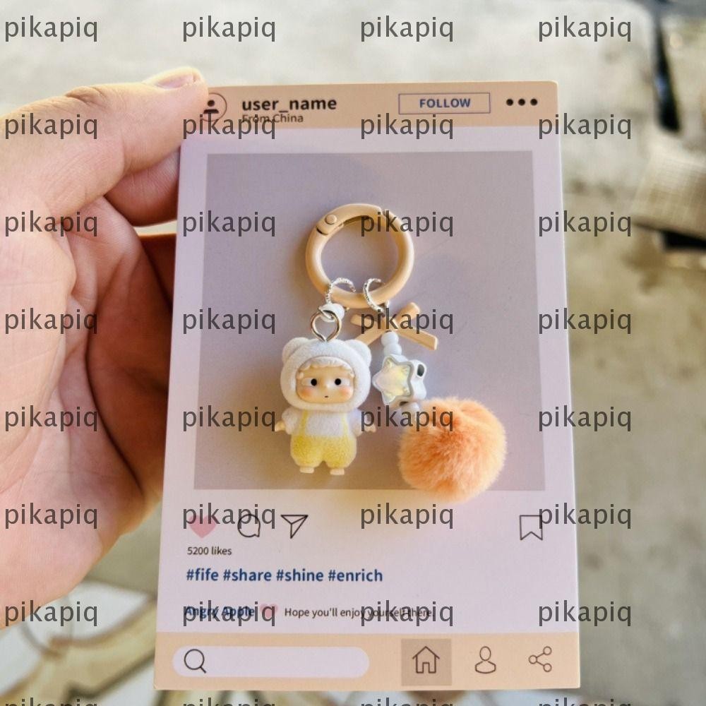 PIKAPIQ Heyone Ozai พวงกุญแจ, Flocking POPBEANS จี้ห้อยกระเป๋า, พวงกุญแจการ์ตูนตุ๊กตา Overalls