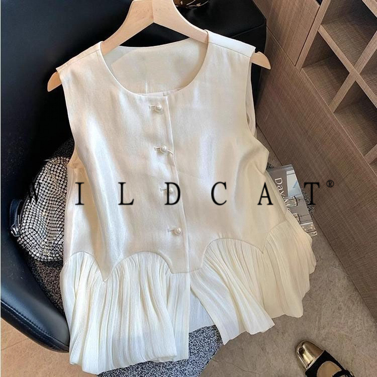 เสื้อกั๊กผู้หญิงแขนกุด สไตล์ฝรั่งเศสมุก ซาติน สำหรับฤดูร้อน