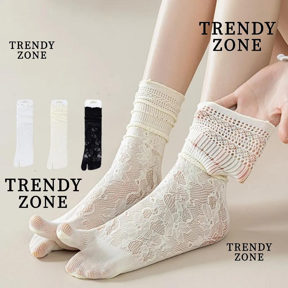 TRENDYZONE 1 คู่แยกถุงเท้าแยกนิ้ว, Hollow Out ตาข่ายลูกไม้ผ้าฝ้าย Ultra-Thin สูงหลอดถุงเท้าผู้หญิง
