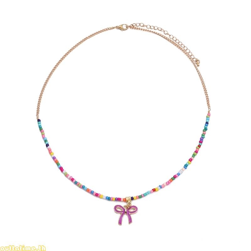 Time Bohemian Bowknot Pendant Necklace Choker Colourful Y2K Beaded Charm Necklace