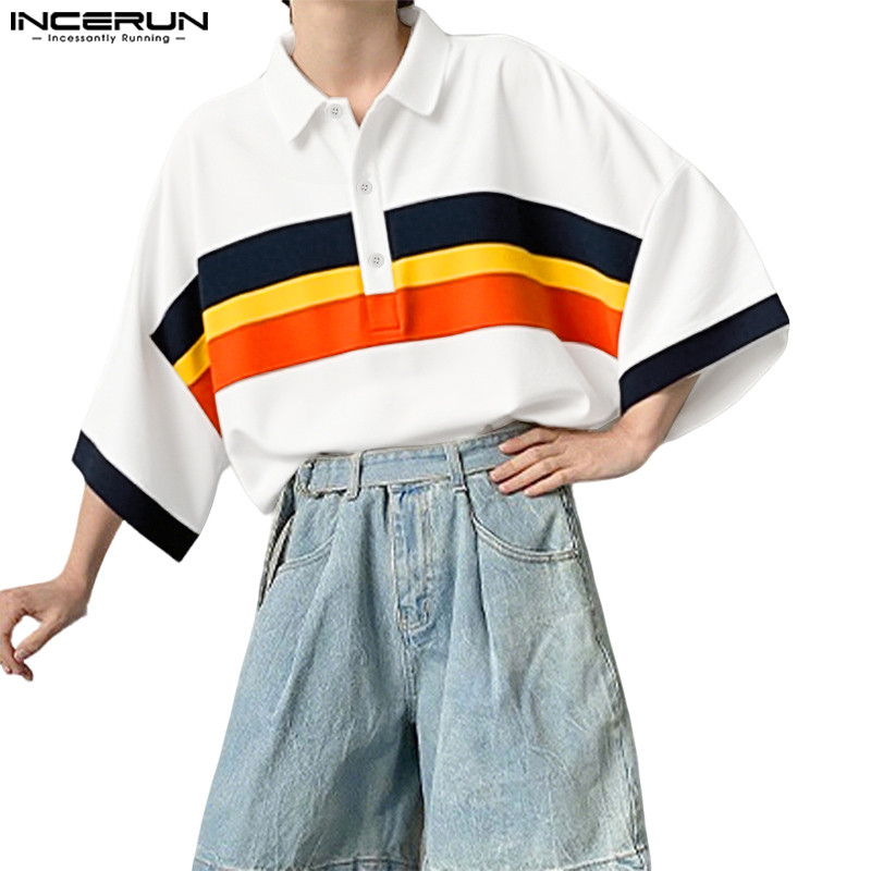 INCERUN เสื้opoโลผู้ชาย สไตล์เกาหลี กระดุมครึ่ง อารมณ์ลำลอง กับลายขวางตัดกัน