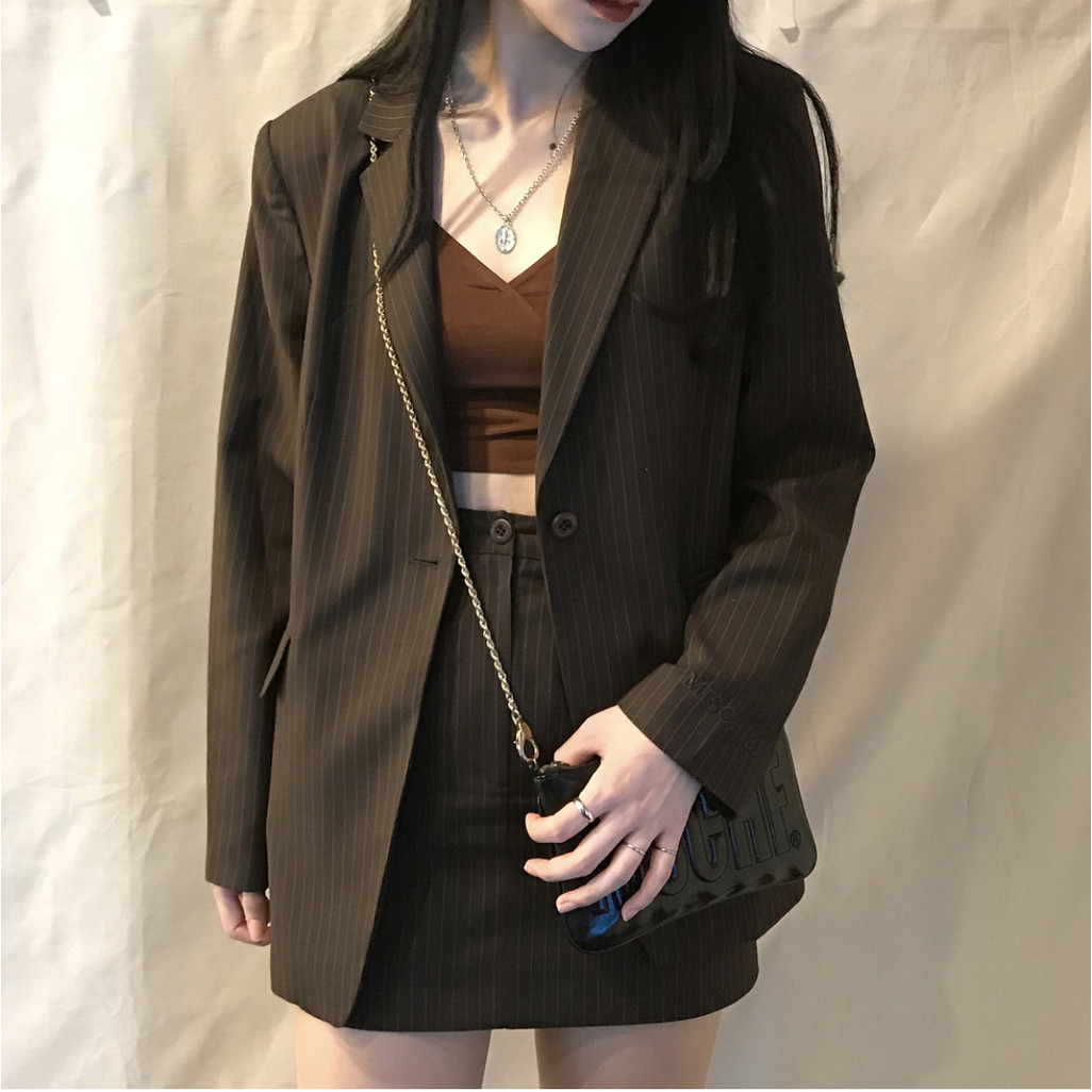 [MISS ] MSCHF Spring Summer Thin Tannel Vertical Stripe Blazer+Skirt Suit