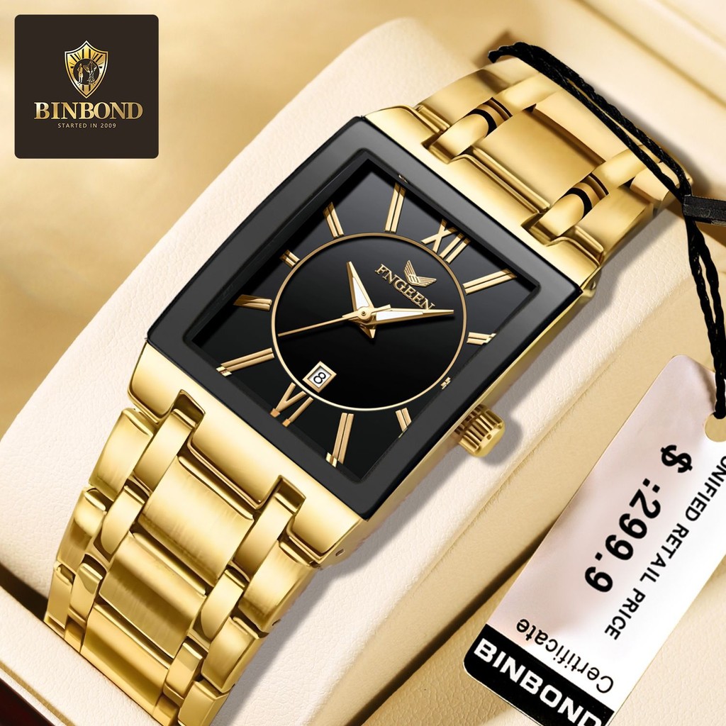 FNGEEN芬尊商务男表 防水日历男士方形手表精钢网带石英外贸手錶