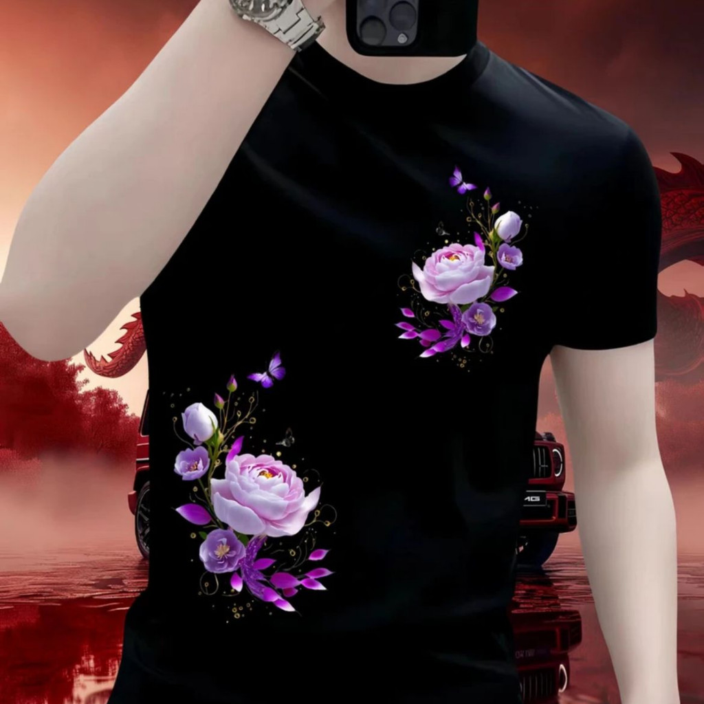 2025 Tops Heavy 23new2025 เสื้อยืดสไตล์ใหม่เล็กน้อย Slim แขนสั้นพิมพ์รอบคอแห่งชาติอินเทรนด์คุณภาพสูง