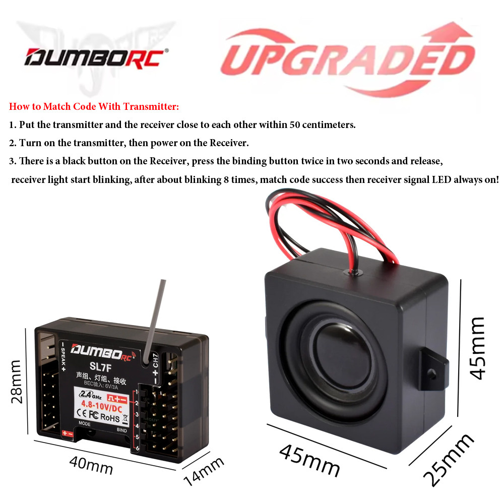 DumboRC 2.4GHz SL7F Receiver พร้อม Gyro 6V/3A PWM 7CH Receiver Sound Group Light Group 3-IN-1 สําหรั
