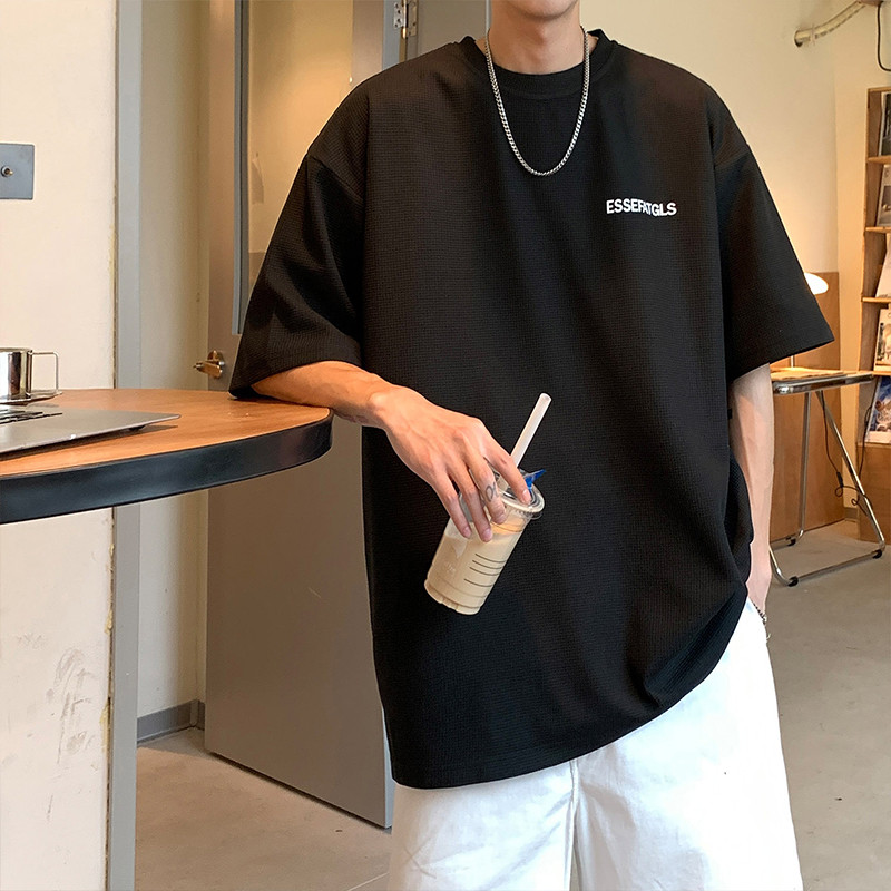 Heavy Waffle เสื้อยืดแขนสั้นแบบโอเวอร์ไซซ์สำหรับผู้ชาย สไตล์ STREETWEAR อินเทรนด์ในฤดูร้อน